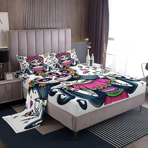 TANCAPRIUM Queen Sheet Set, Mexican Skeleton Bed Sheets, Day of The Dead Printed Bedding Sheets & Pillowcases - Deep Pocket & Soft Microfiber Fitted Sheet & Flat Sheet & 2 Pillow Cases Cover