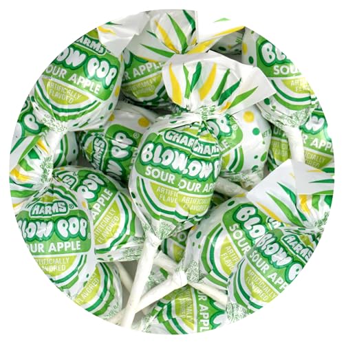 Charms Green Sour Apple Blow Pops, 3lb Bulk Bag (Approx 68), Green Sour Apple Candy Gum Filled Lollipops, Individually Wrapped Bulk Hard Candy, The Hampton Popcorn & Candy Company