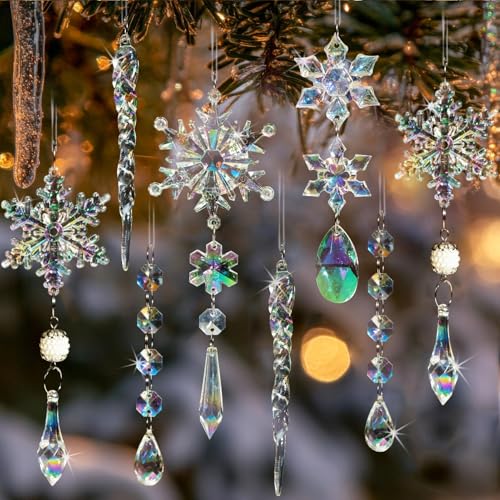 32pcs Christmas Decoration Crystal Ornaments - Iridescent Christmas Tree Ornaments Acrylic Snowflakes Drop Icicle Pendants Hanging Ornaments for Xmas Tree Winter Holiday Frozen Party Decorations