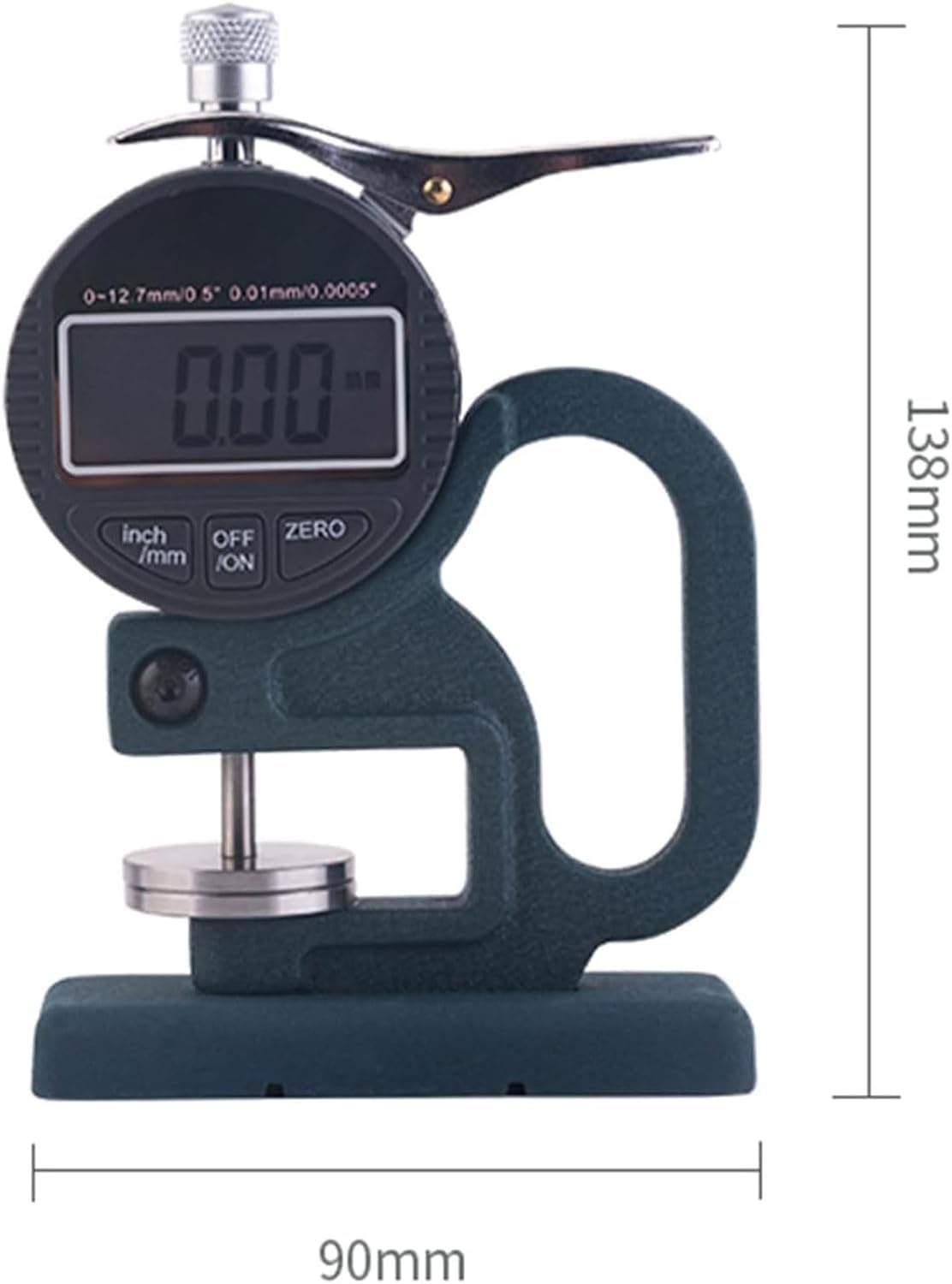 Cyfrowy miernik grubości gąbki i papieru, rozdzielczość 0,01 mm, zakres 0-12,7 mm, konstrukcja biurka z podstawą, średnica sondy 30 mm, idealny do wykrywania kartonu