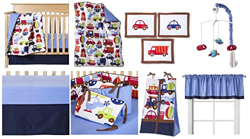 Bacati - Transportation Multicolor 10 Piece Crib Set 10-Piece Nursery-in-a-Bag Crib Bedding Set with Bumper Pad, 100 Percent Cotton Percale Boys Crib Bedding Set with Bumper Pad for US Standard Cribs
