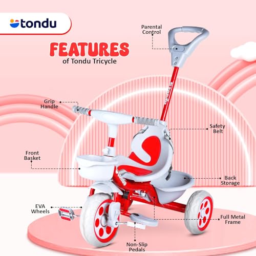 Image of TONDU Kiddo Tricycle for Kids /Baby with Storage Basket | Seat Belt with Parental Control Baby Tricycle (Red)