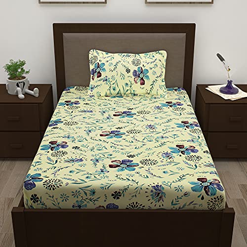 Image of Story@Home 210 TC Spark Collection Single Bedsheet Cotton Combo with 1 Pillow Covers | Cream Yellow & Green | Floral (Bedsheet : 145 X 225 cm & Pillow Cover : 40 X 60 cm)