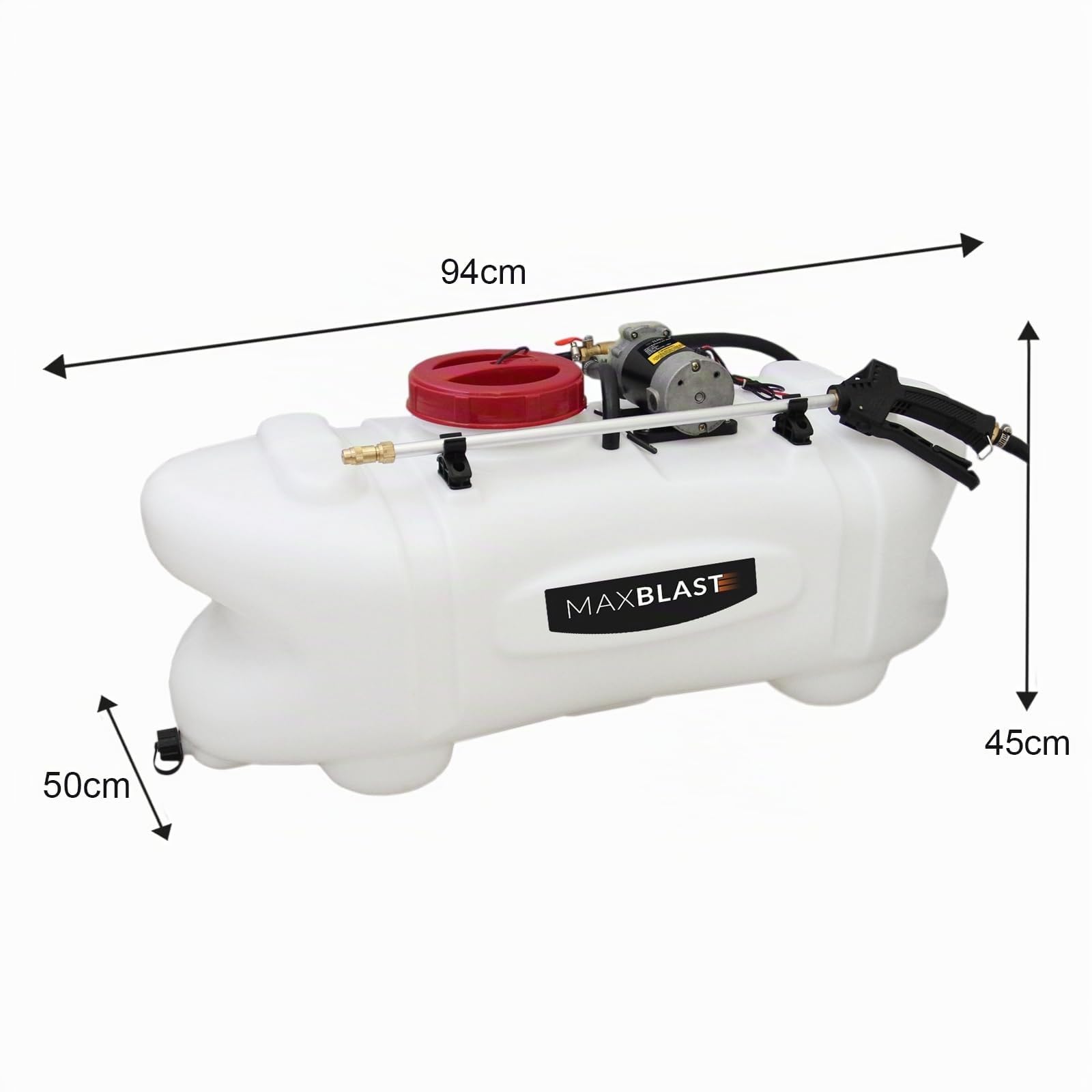 Irroratore MaxBlast per Quad: Pompa 12 Bar, 6 Ugelli, Serbatoio 100L Polietilene, Lancia Manuale, Kit Fissaggio, Cinghia 5m, Compatibile 12V, per Agricoltura e Giardinaggio