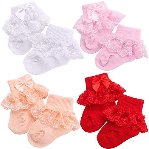 4 Pair Little Baby Girl Princess Eyelet Frilly Lace Ruffles Socks Set