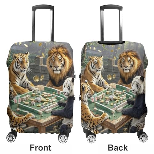 Divine Beasts Playing Mahjong Luggage Cover, Elastic Luggage Protector Fits 19-32in Suitcases, Washable & Anti-Scratch Suitcase Cover for Men Women XL3
