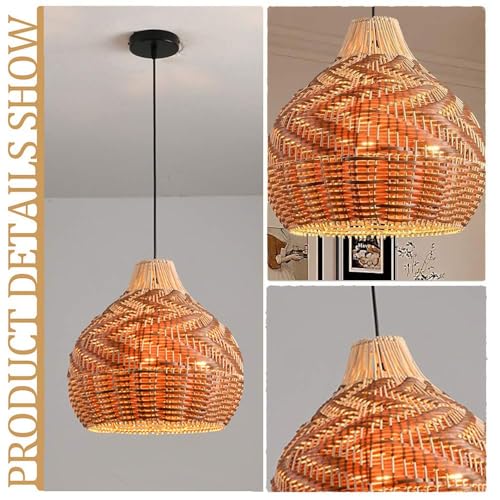 WISHVYQ Woven Pendant Lights, 15.8/19.7” Rustic Rattan Hanging Lamp Adjustable Handwoven Basket Shade, Wicker Coastal Retro Light Fixtures for Hallway Entryway Kitchen Island Dining Room - Image 7