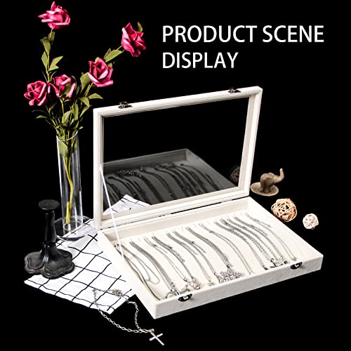Pengup 20 Hooks Necklace Organizer Tray Display Case Box,Stackable Jewelry Holder Showcase Storage With Glass Lid For Chains Bracelets Selling Show (Beige) #TOP1