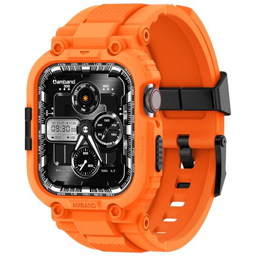 Image of amBand Bands Compatible with Apple Watch 9 /8 /7 45mm, M1 Sport Series Rugged Case with TPU Strap Military Protective Tough Cover Bumper for iWatch SE3 /SE2 /SE /6 /5 /4 /3 44mm 42mm Men Orange