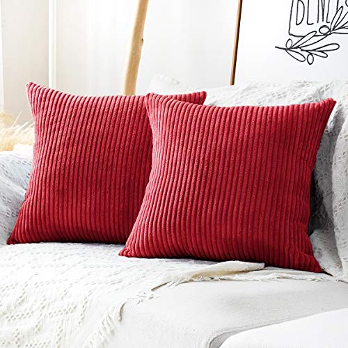 MUDILY Pack of 2 Christmas Decorative Throw Pillow Covers Striped Velvet Corduroy Couch Pillow Cushion Covers Pillowcases for Sofa Bedroom Car 18 x 18inch 45 x 45 cm Christmas Red