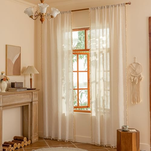 Image of MYSKY HOME Linen Macrame Curtains for Living Room Bedroom, Semi Sheer Drapes 84 inches Length Farmhouse Boho Style Back Tab Drapes for Sliding Glass Door, 50 inch Wx84 inch L, Linen,2 Panels
