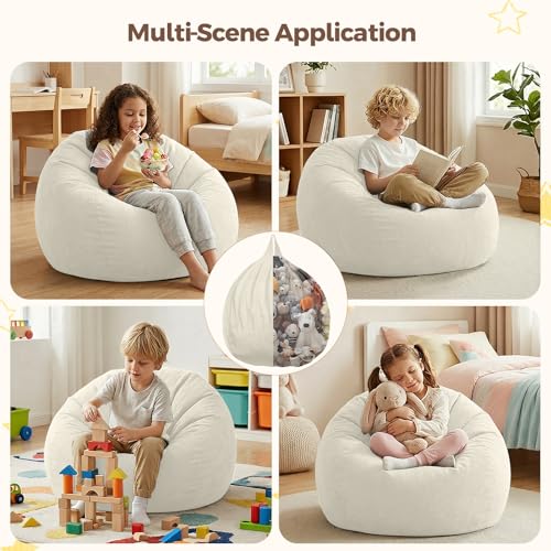 Image of Stuffed Animal Storage Bean Bag Chair Cover for Kids (No Filler), Soft Comfy Velvet Beanbag Chair Cover Machine Washable, Kids Bean Bag Chair with Handle for Living Room Bedroom Dorm, White
