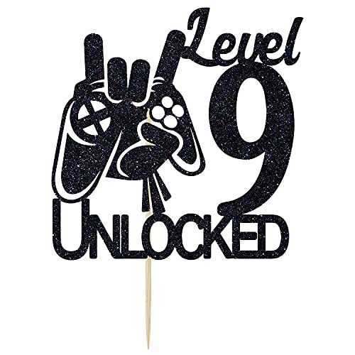 Cos mos Video Game Level 9 Unlocked Birthday Cake Topper Black Glitter Boys 9th Birthday Cake Decorations Level Up Winner Party Decoration Supplies
