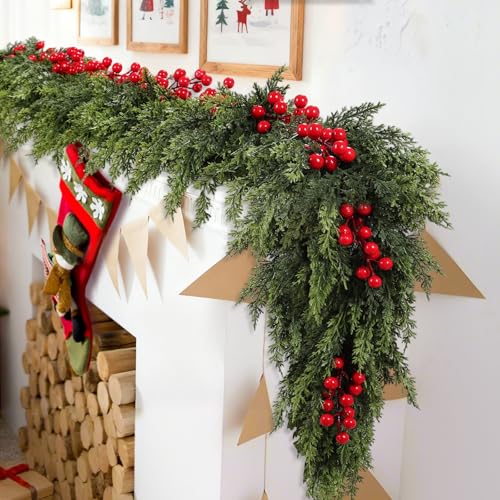 Erogeen Real Touch Garland Artificial Realistic Pine Cypress Garland with Red Berries Artificial Greenery Garlands for Mantle Fireplace Table Outdoor Indoor Christmas Decoration (Green 6ft)
