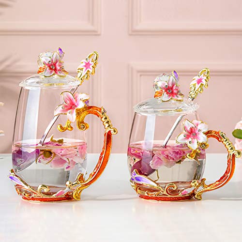 Glass-Tea-Cup-with-LidsFlower-Butterfly-Lead-Free-Handmade-Coffee-Mug-Tea-Cup-with-Flower-SpoonPack-of-2Personalized-Great-for-Women-Wife-Mom-Grandma-present-Girls-Friends-Birthday-Valentines-Day