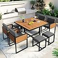 Merax 9 Pieces Outdoor Dining Set for 8 People, Acacia Wood Patio Furniture Sets with 1 Square Table, 4 Cushioned Chairs and 4 Ottomans for Backyard, Garden, Lawn, Poolside, Space Saving Design, Gray