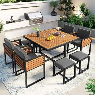 Merax 9 Pieces Outdoor Dining Set for 8 People, Acacia Wood Patio Furniture Sets with 1 Square Table, 4 Cushioned Chairs and 4 Ottomans for Backyard, Garden, Lawn, Poolside, Space Saving Design, Gray