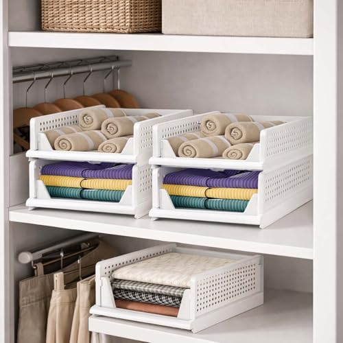Image of Go Hooked Foldable Wardrobe Organizer with Drawer Style Pull Out Design | Pack of 5 Small (44x34x14.5 cm) Shelf Storage Box | Heavy Duty Plastic Shirt Stacker for Cupboard, Almirah & Closet | White