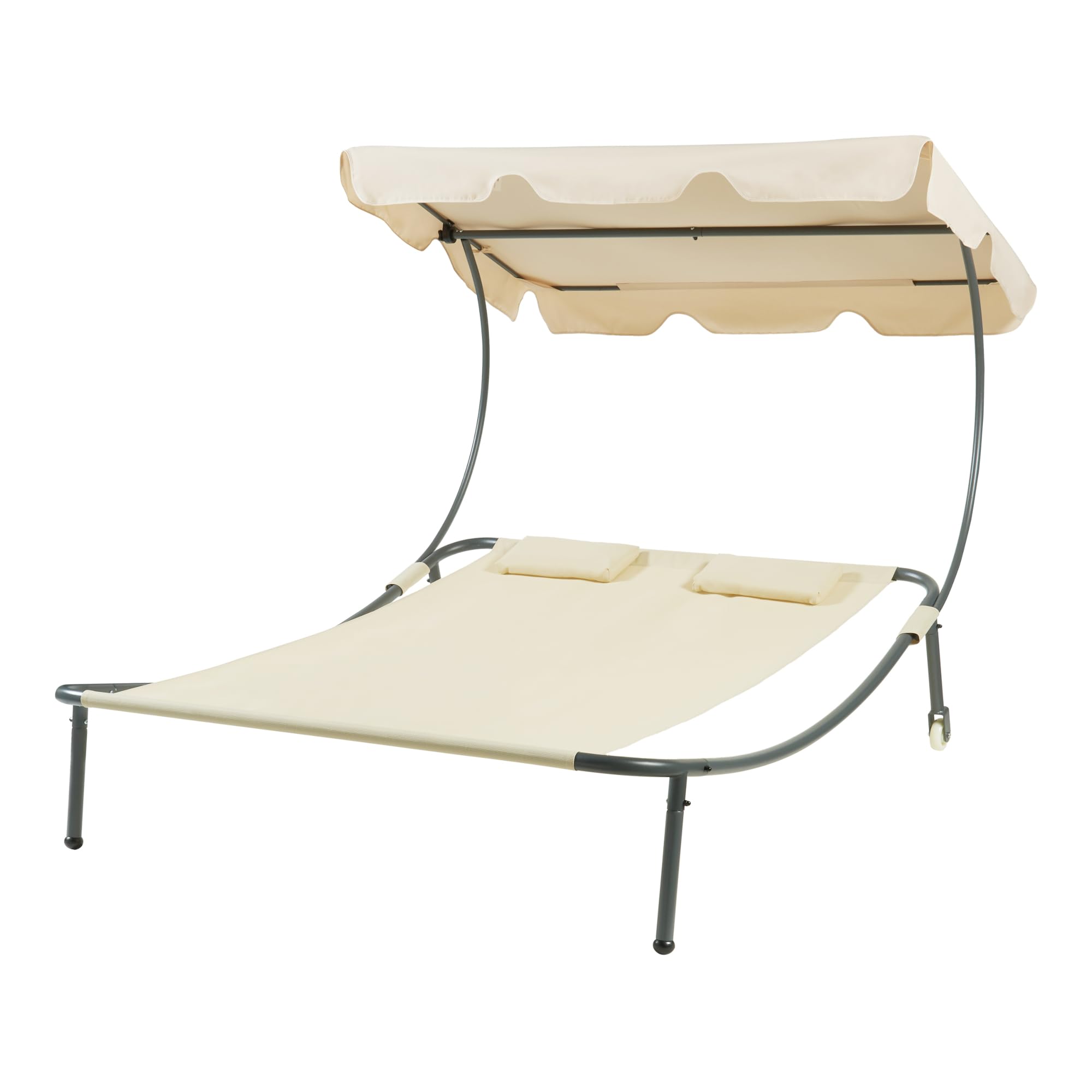 casa.pro Tumbona Jardín Exterior para 2 Personas Cama Solar Doble Independiente con Ruedas 2 Cojines y Parasol Toldo Ajustable Acero Poliéster 200x173x146cm - Beige y Antracita