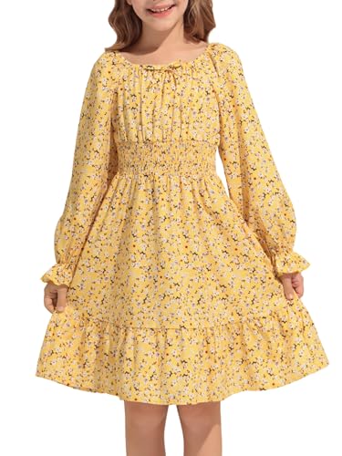Haloumoning Girls Dresses Kids Floral Long Lantern Sleeve Square Neck Smocked Flowy Dress 5-14 Years