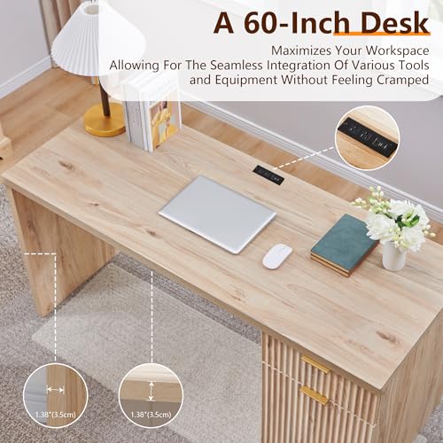 Image of 60 inch Fluted Office Home Desk, Reversible Left‑Right Cabinet, Built‑in Outlet | Reversible design lets you fix the cabinet on left‑hand or right‑hand side to fit your room layout