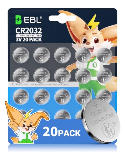 EBL CR2032 Batteries 3V Coin Battery 20 Pack 2032 Battery Long-Lasting Power for GPS Key Fob Watch Tea Light Candles Child-Proof Package Non-Rechargeable