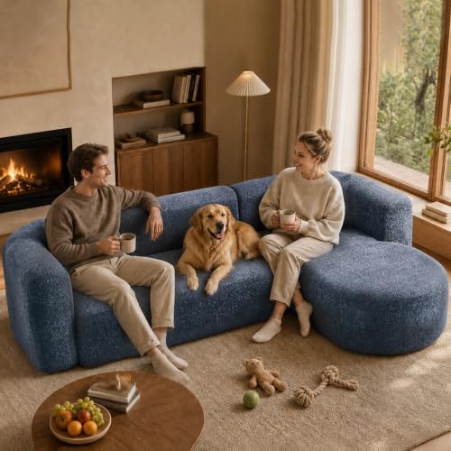 Image of Oversized Sectional Sofa with Chaise with 2 Throw Pillows, 109 inch Modern Luxury Chenille Sofa Extra Wide Seat L-Shape Curved Cloud Couch for Living Room (Right Chaise, Blue)
