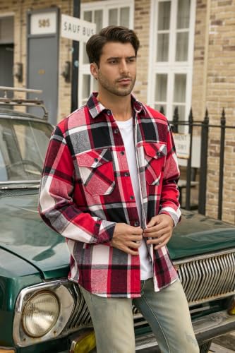 Image of Cromoncent Mens Boys Thick Flannel Shirt Long Sleeve Shirt Jacket Casual Button Down Multi Pockets Shacket