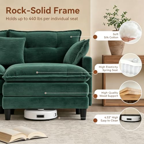 Image of 140.9 inch U-Shaped Modern Sofa Modular Sectional Cloud Couch with 2 Storage Ottoman Coffee Table, 4-Seat Corduroy Deep Seat Sofa with Throw Pillows for Living Room, Bedroom, Office, Green