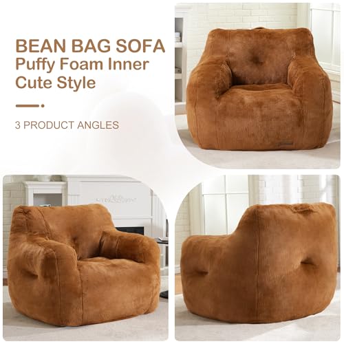 Image of Hobestluk Bean Bag Chair for Adult Small Bean Bag Chairs with Arms Furry Beanbag Chair with Foam Filler Stuffed Bean Bag Sofa for Reading in Bedroom Living Room and Dorms(Brown)