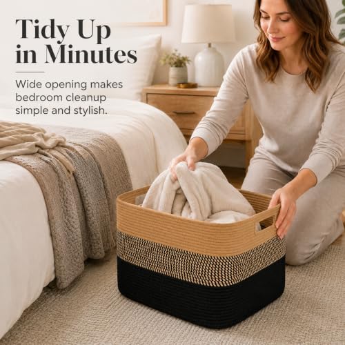 Image of 19.2GAL Sturdy Large Laundry Basket with Handles for Dirty Clothes, Portable Aesthetic Boho Cute Woven Storage Blanket Baskets for Living Room Decor and throws pillows Kids Toys Bath Towle Khaki Black