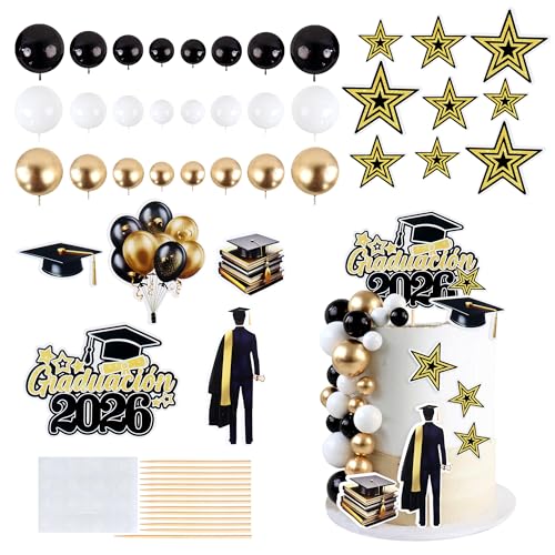Blumomon 1Set Gold Black 2026 Graduation Balls Cake Decors Recent Graduate Hat Star Balloon Cake Toppers for Male Graduate Student Graduation Party Decorations Supplies