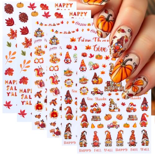 6 Sheets Fall 5D Embossed Nail Art Stickers Self-Adhesive Maple Leaf Pumpkin Nail Decals Cute Fox Turkey Squirrel Nail Design Stickers Thanksgiving Letters Acrylic Nails Art Supply for Women Manicure