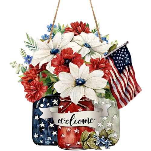 H&W Independence Day Flower & Flag Welcome Front Door Sign for 4th of July Patriotic Decor, Memorial Day Wooden Welcome Decorative Sign Hanging, Porch Home Wall Outside Decor(12inch)