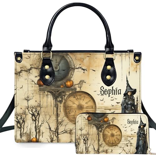 Personalized Witchy Halloween Leather Bag - Custom Name Witch Art Spooky Vintage Handbag Tote Purse with Wallet for Women