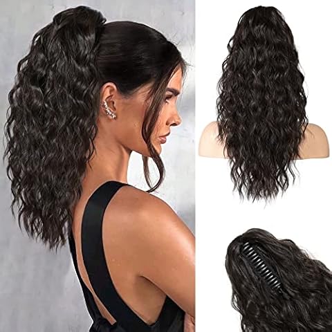 REECHO Ponytail Extension, 18 Inch Claw Clip on Ponytail Extension for Women Long Curly Wavy Hair Extensions Natural Fluffy Synthetic Clip in Ponytail Hairpiece for Daily HP002 - Black Brown Cover