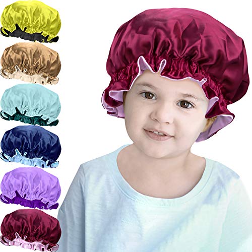 Duufin 6 Pcs Kids Bonnet Large Satin Sleeping Cap Big Brim Sleeping Bonnets Double Layer Night Cap Hats for Kids Toddlers