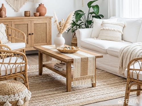 Image of Boho Table Runner 12x72 for Fall Home Decor Tassels Dresser Runner | 72 Inches Long Modern Farmhouse Rustic Burlap Table Decoration for Bedroom Living Dining Room Baby Shower Autumn Decor