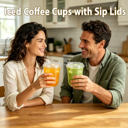 Image of 50 Sets 12 oz Clear Plastic Cups with Lids,Disposable Iced Coffee Cups with Sip Lids,Sturdy Plastic Smoothie Cups for Cold Drinks,Juice,Milkshake