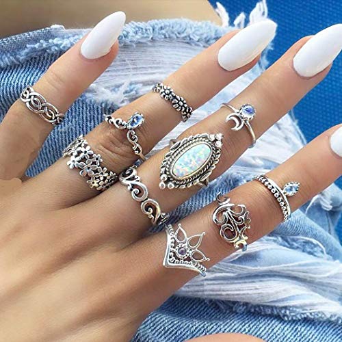 Twinklede Boho Finger Ring Set Silver Rhinestone Joint Knuckle Rings Hollow Carved Stackable Ring for Women and Girls (Silver 1)