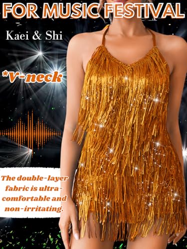 Image of Kaei&Shi Sequin Fringe Romper,Sparkly Glitter Metallic Jumpsuits For Women,Backless Shorts Dress Disco Birthday Dance Outfit