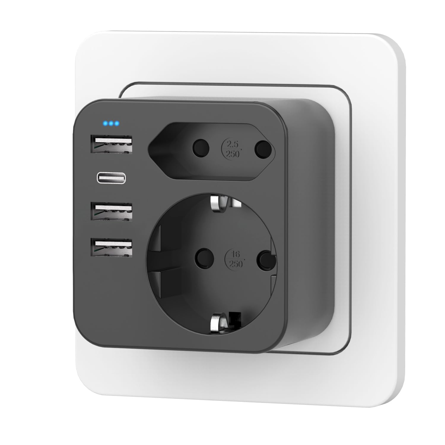 Mehrfachsteckdose mit 4 USB Ports, Mehrfachstecker für Steckdose mit 2 Fach Stecker, Steckdosenadapter mit USB C Port, Doppelstecker für USBC Steckdose, Steckdosenleiste (black)