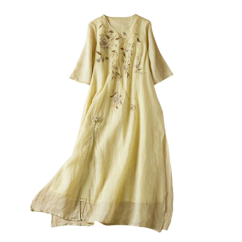 Robe ramie avec broderie col rond manches 5/4 d'été