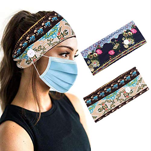 ELABEST Boho Headband with Button Yoga Wide Headbands Sport Hair Band Head Wrap Ear Protection Bandeau 2pcs Flower Elastic Head Band for Women and Girls