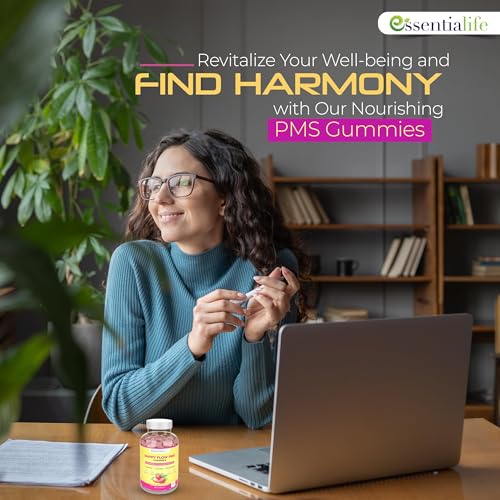 Image of PMS Gummies - Happy Flow PMS Support Supplement for Women - Strawberry PMS Relief Supplement with Vitamin B6 for Hormone Balance, Period Support, Cramps, Hormonal Acne & Bloating Relief (120 Count)