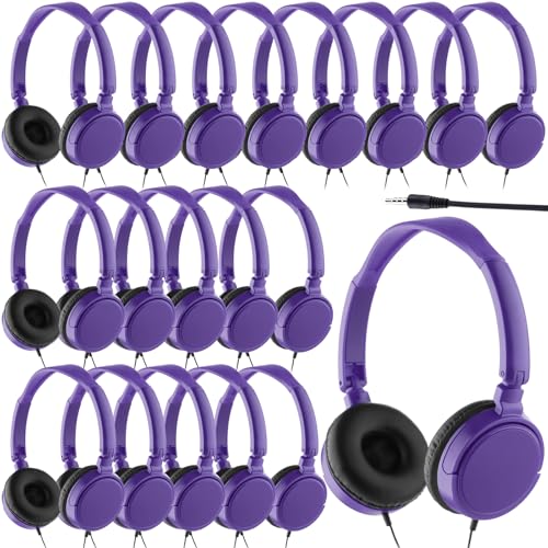 Image of Yunsailing 18 Pack Classroom Headphones Bulk, Wired Headphones,Purple | Student School Supplies, Individually Wrapped, Adjustable, over Ear Head Earbuds, for Laptop PC Computer