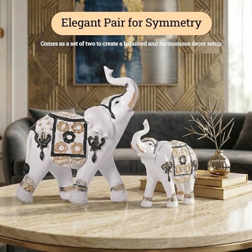 Image of Kuber Industries Set of 2 Elephant Figurines Idol for Home Decor | 6x5.5 Inch Resin Vastu Wealth, Prosperity Gift for Diwali & Housewarming | White & Golden