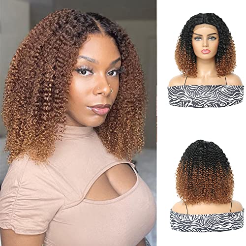 Qihang Short Curly Afro Wigs For Black Women Ombre Brown Synthetic Wig With 5×1 Lace Frontal Afro Kinky Curly Wig With Middle Part Lace Bob Wig For Party Daily Use 12 Inch #TOP16