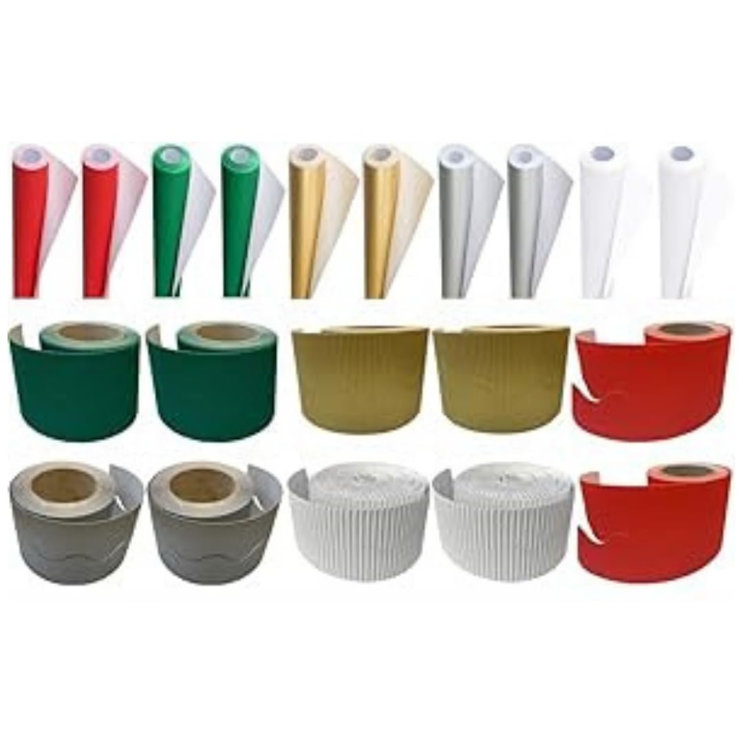 Wall Display Pack - Display Poster Paper, Corrugated Border Roll for School Classroom Decorations, Party Decoration (Scarlet, Emerald Green, Gold, Silver & White)