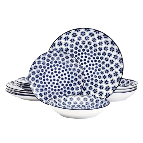 Pfaltzgraff Blooming Delight Floral 12 Piece Plates Bowls Dinnerware Set, Blue and White